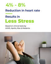 Person relaxing on a couch with text highlighting 4%–8% reduction in heart rate, less stress, based on clinical tests by AIIMS, Apollo, Max, and Medanta