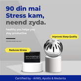Envirochip and Enviroglobe EMF protection products displayed on pedestals, certified by AIIMS, Apollo, and Medanta, promoting reduced stress and improved sleep quality