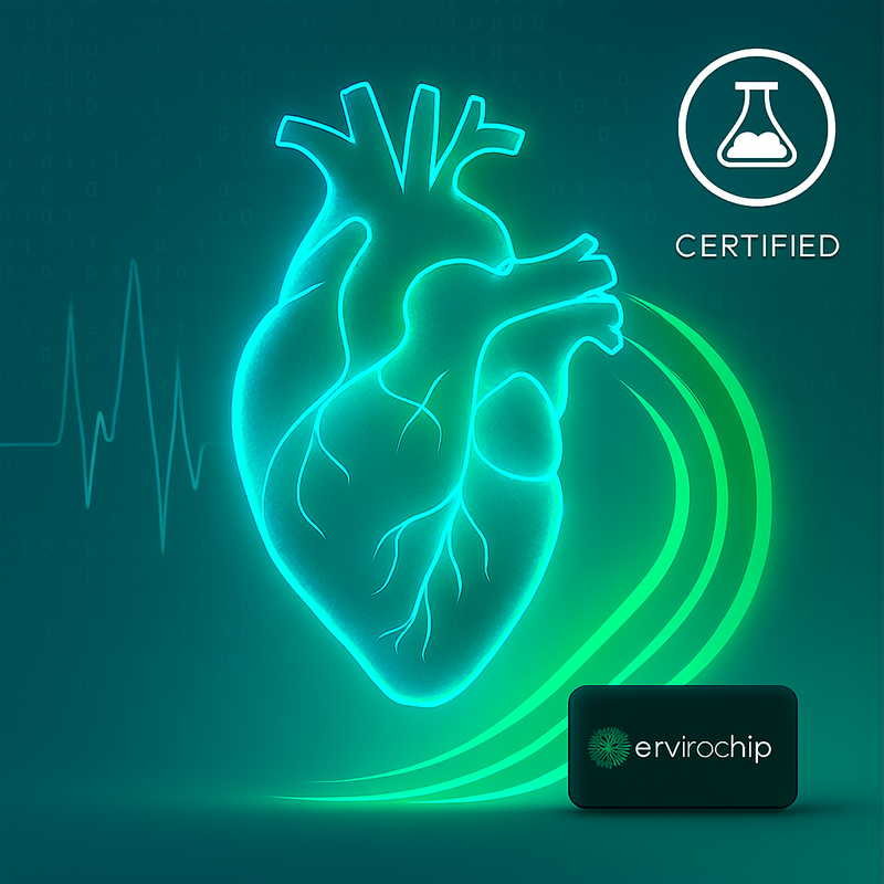 A conceptual image showing a healthy, glowing heart overlaid on a digital background, with EMF protection products nearby, symbolizing the use of certified health tech to improve heart resilience against modern electromagnetic stress.