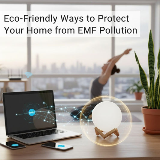 Eco-friendly home office setting showing EMF protection devices like an Enviroglobe and Envirochip on a laptop, alongside an Enviromat mattress protector, symbolizing a balanced, low-radiation workspace.
