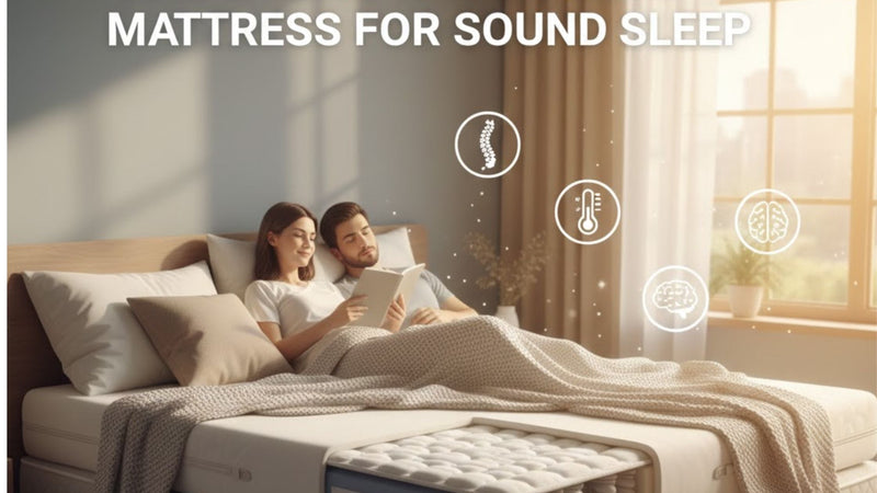 Mattress guide graphic showing cross-section layers and icons for spinal support, cooling, and brain health.