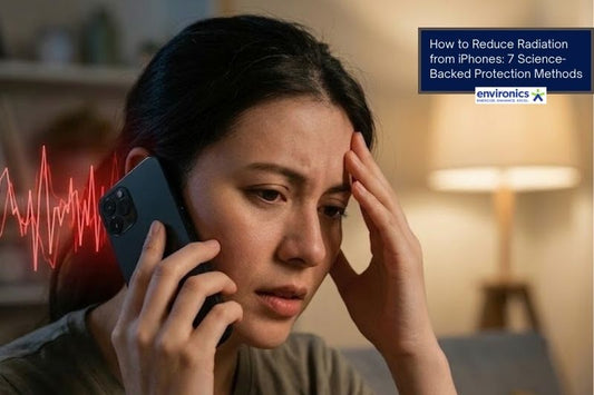 An iPhone user experiencing headaches and fatigue from mobile radiation exposure, featuring a visual representation of harmful EMF waves
