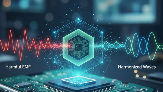 High-tech anti-radiation chip on a mobile phone showing a protective aura shield against harmful EMF radiation