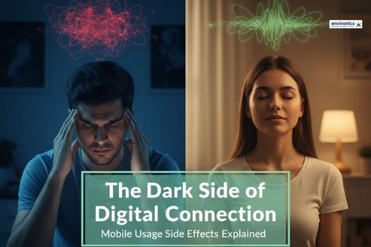 A split-screen image titled 'The Dark Side of Digital Connection' showing the negative health impacts of mobile radiation on the left versus a calm, protected state using Environics technology on the right