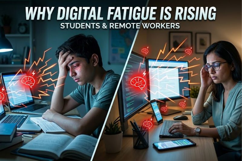 Image split-screen visualizing digital fatigue, showing an exhausted Indian student and an overwhelmed remote worker, illustrating eye strain, headaches, and mental drain