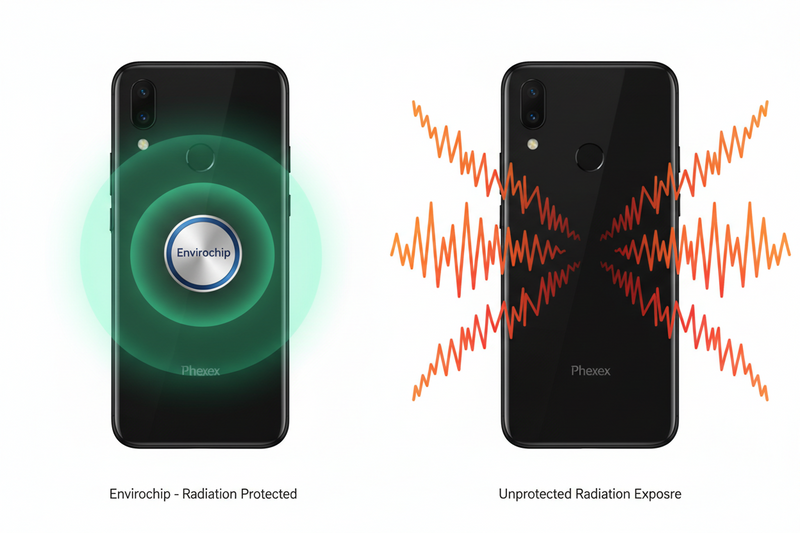 Comparison showing a mobile phone with an Environics Mobile Chip for radiation protection versus an unprotected phone with high RF radiation exposure waves.