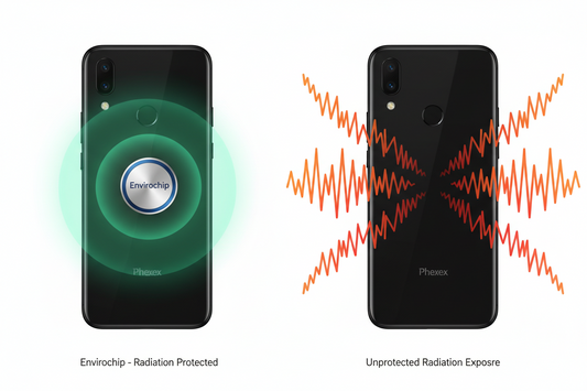 Comparison showing a mobile phone with an Environics Mobile Chip for radiation protection versus an unprotected phone with high RF radiation exposure waves.